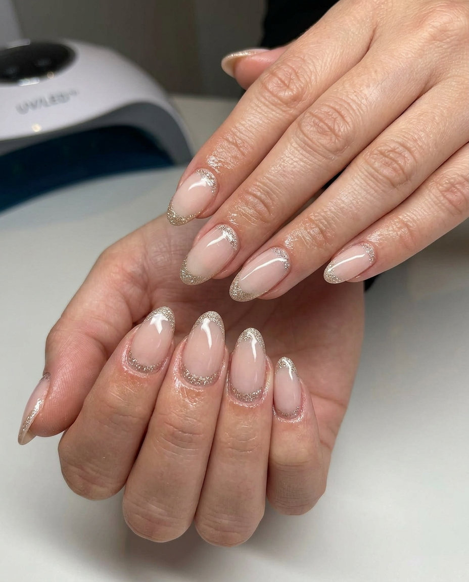 Summer Glitter Nails 2026: Bubbly Moon French Champagne glitter moon French oval nails for summer glitter nails 2026. Elegant for weddings and date nights.