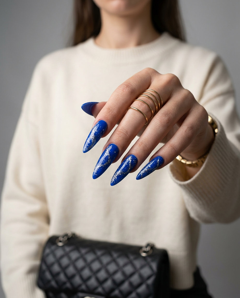 Electric Blue Swirl Nails 2026 Electric Blue Glitter Art Swirls stilettos for vibrant summer glitter nails 2026.
