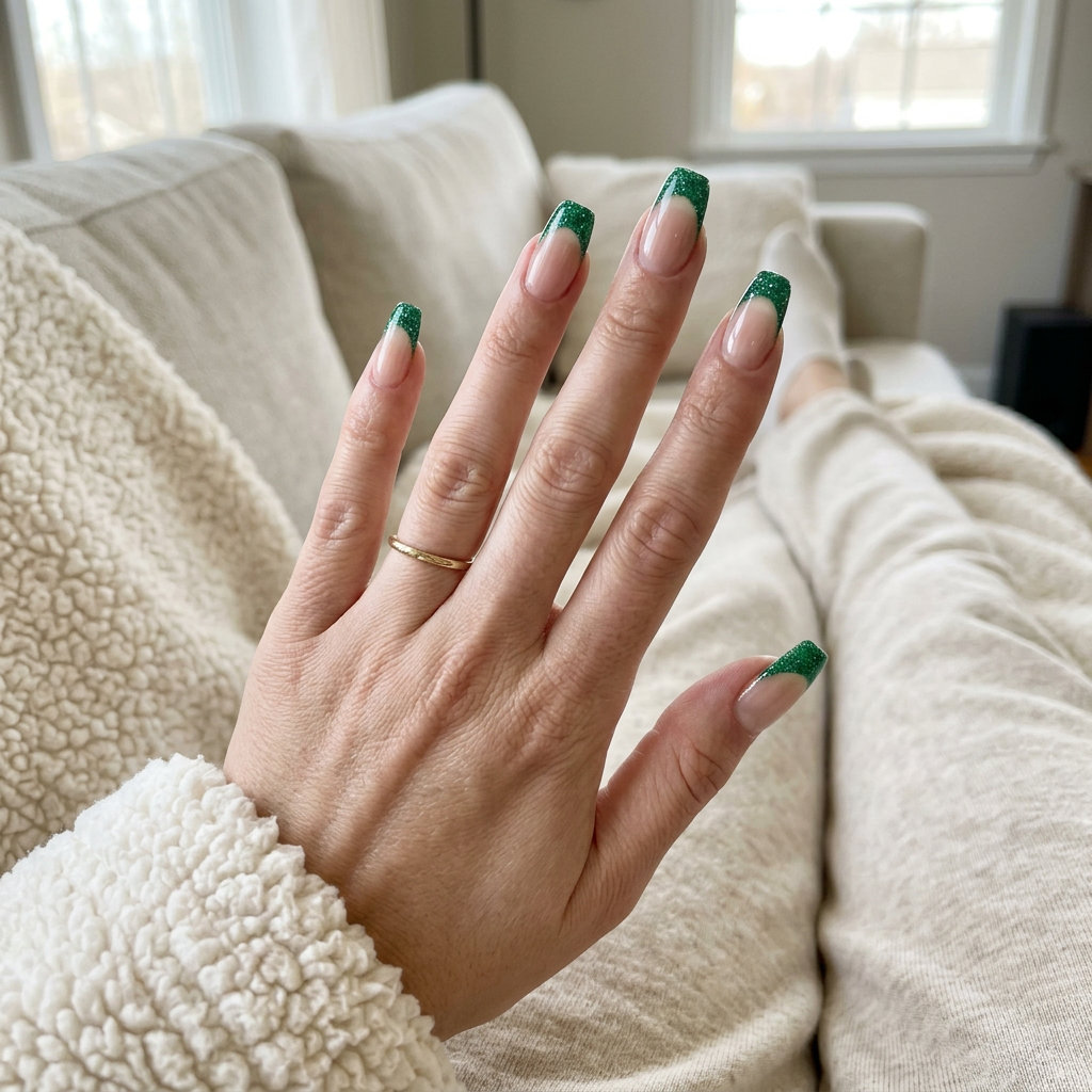 Emerald Glitter French Tips 2026 Emerald Jewel Pipe French nails with deep emerald glitter for formal summer glitter nails 2026.