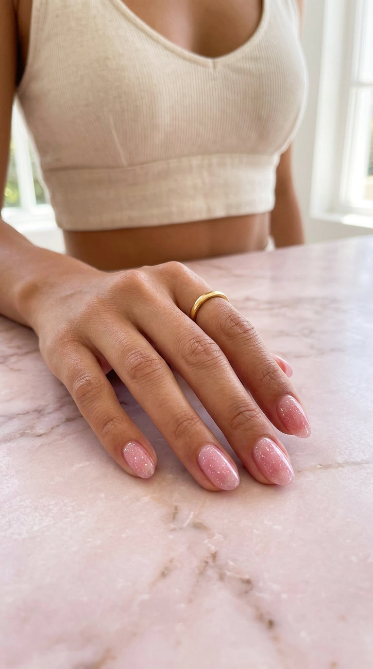K-Beauty Jelly Glitter Nails 2026 Translucent pink jelly nails with fine holographic glitter for summer glitter nails 2026. Fun & playful.