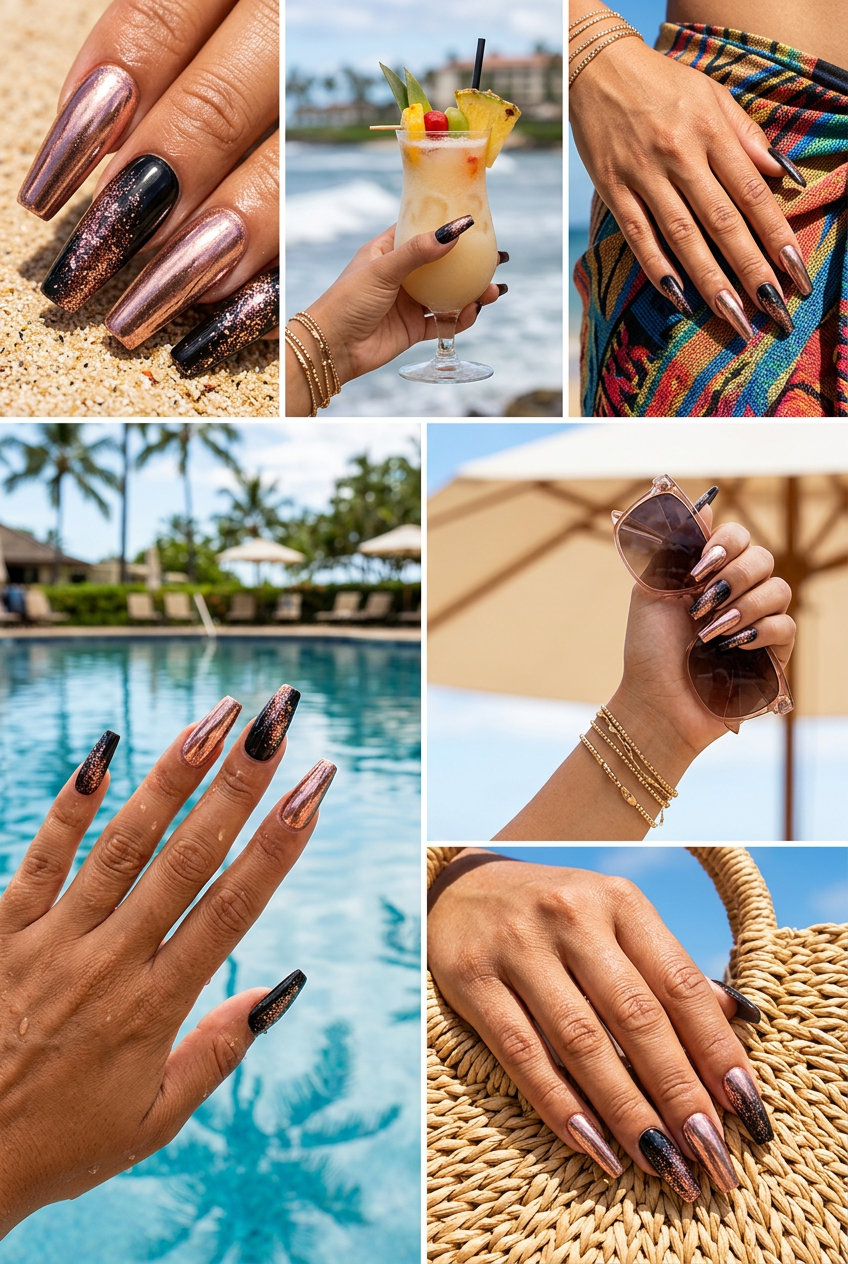 Summer Glitter Nails 2026: Molten Rose Chrome Molten rose gold chrome coffin nails with fine glitter for summer glitter nails 2026. Glamorous look for parties.