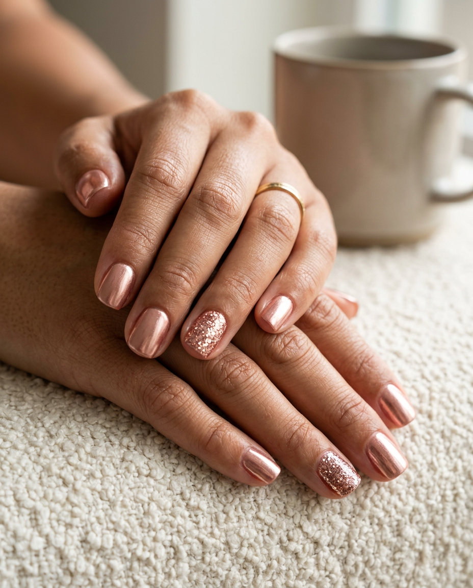 Rose Gold Metallic Nails 2026 Rose Gold Metallic Shimmer nails with chunky glitter for elegant summer glitter nails 2026.