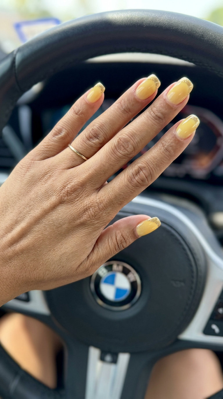 Summer Glitter Nails 2026: Sunny Yellow French Sheer yellow French tip nails with fine gold glitter for summer glitter nails 2026. Perfect for vacation or casual days.