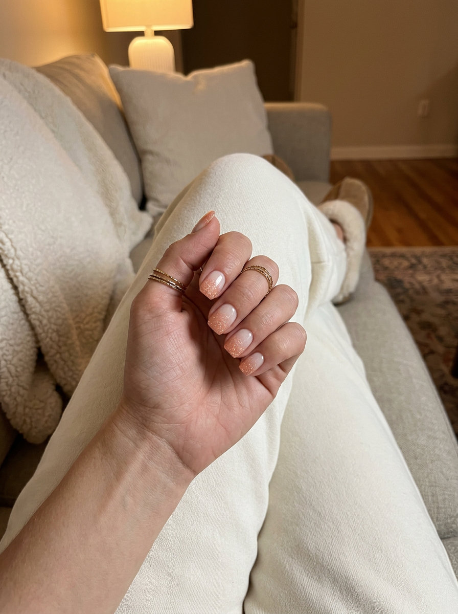 Sunset Peach Glow Nails 2026 Sunset Peach Glow Gradient nails with soft peach glitter for casual summer glitter nails 2026.