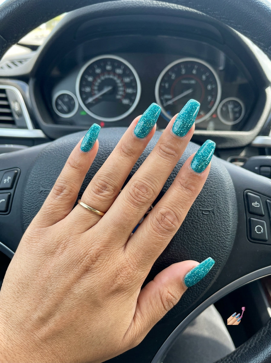 Opaque Teal Glitter Bomb Nails 2026 Opaque teal glitter bomb nails for summer glitter nails 2026. Bold & glamorous.