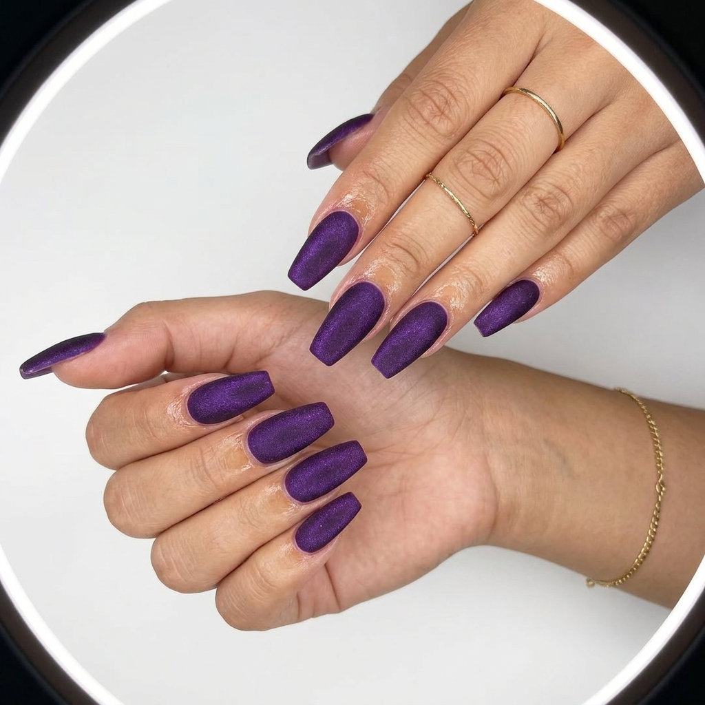 Velvet Amethyst Glitter Nails 2026 Deep purple velvet matte nails with subtle silver shimmer for summer glitter nails 2026. Perfect for date night.