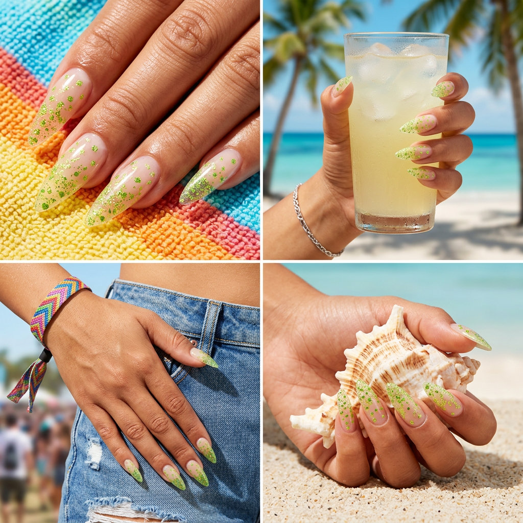 Lime Green Sprinkle Stilettos 2026 Zesty Dot Sprinkle Stilettos with lime green glitter for playful summer glitter nails 2026.