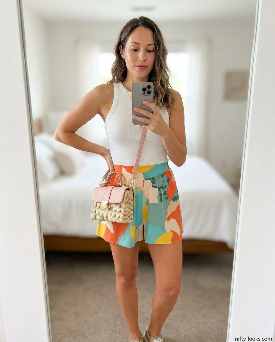 Coral and teal abstract print shorts with white tank top for casual outings. Accessorize with gold necklace and straw bag.