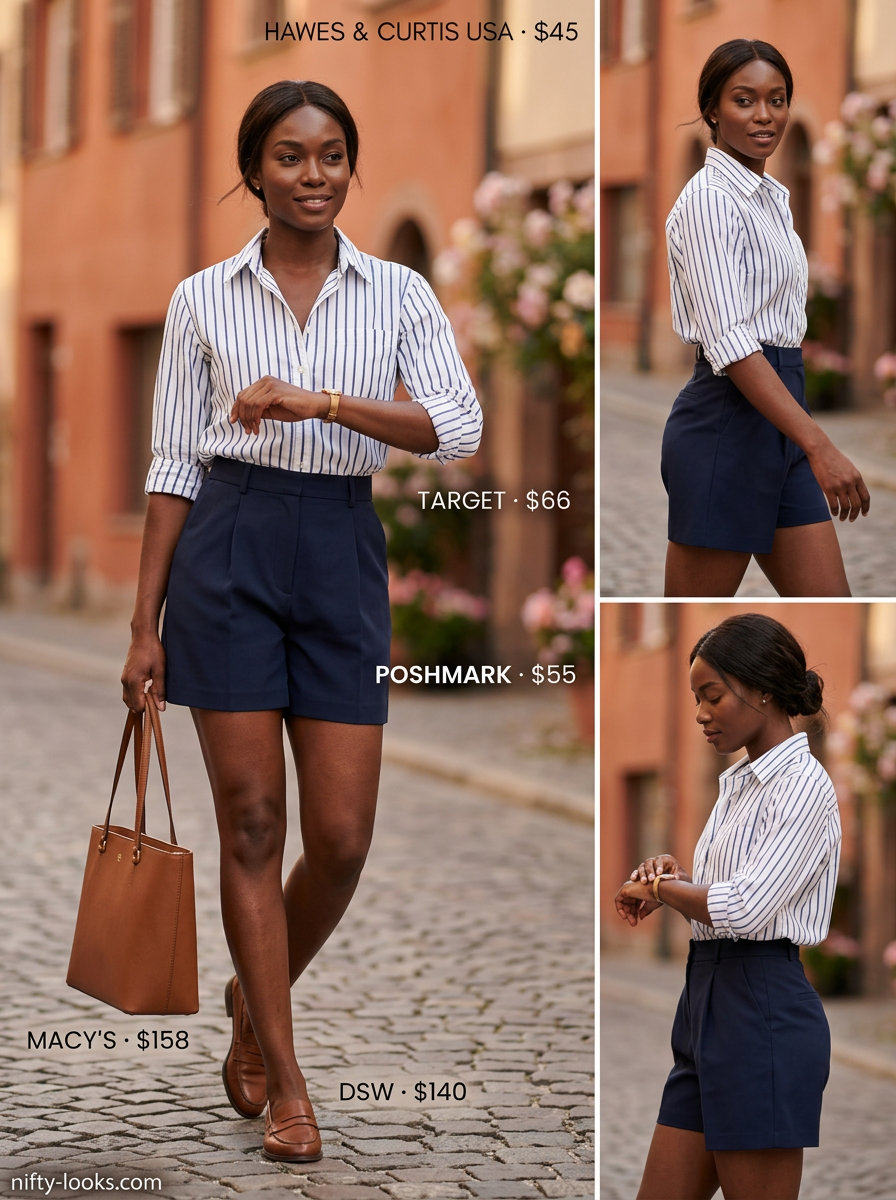 Navy tailored high-waist shorts with striped shirt for casual brunch 2026.