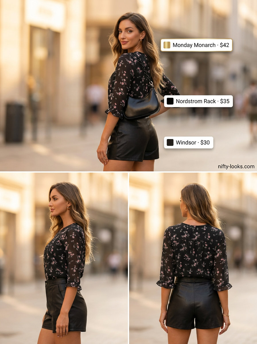Black faux leather high-waist shorts with a floral chiffon blouse for date night 2026.