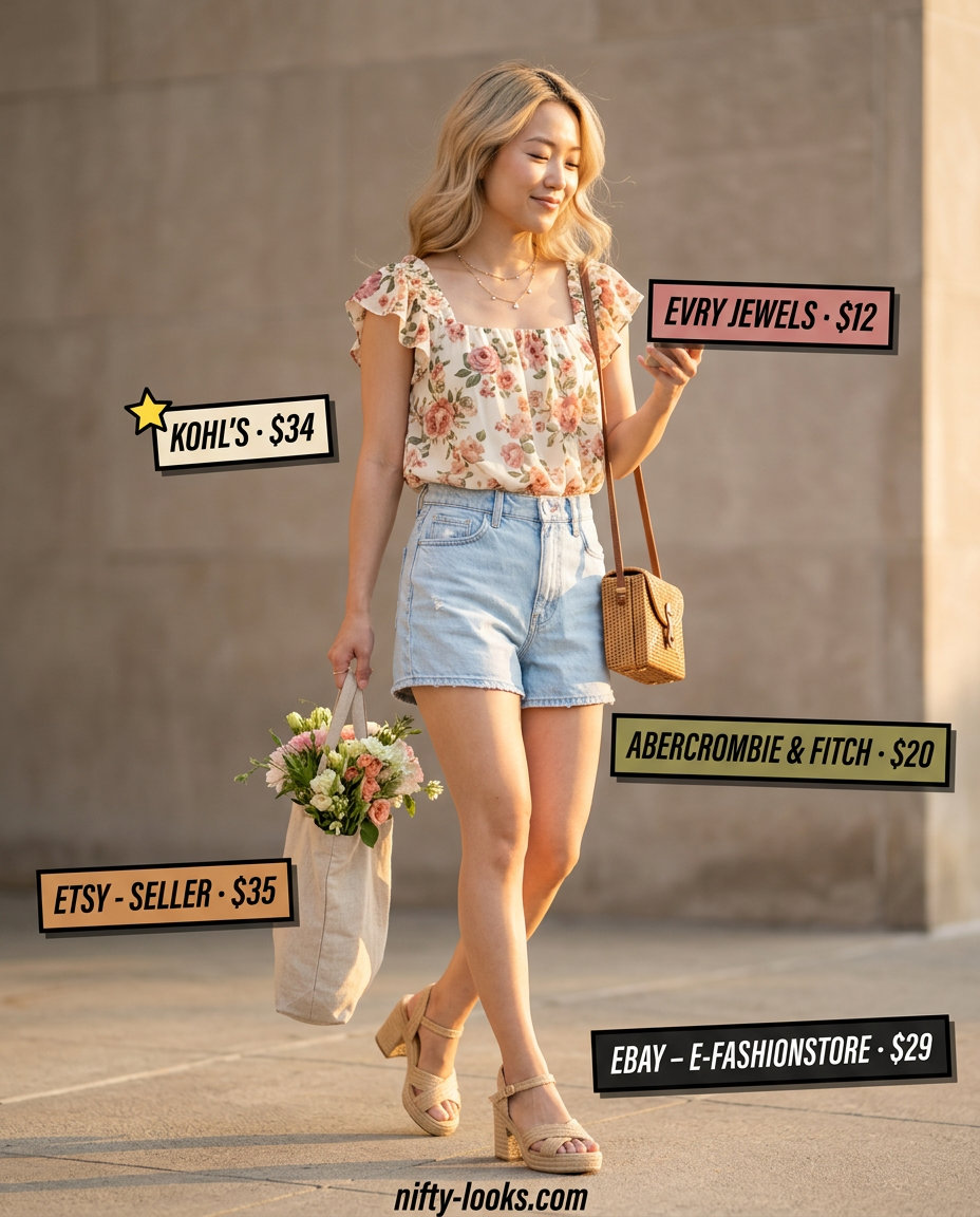 Light wash denim mom shorts with floral peasant blouse for retro style. Accessorize with espadrilles and rattan bag.