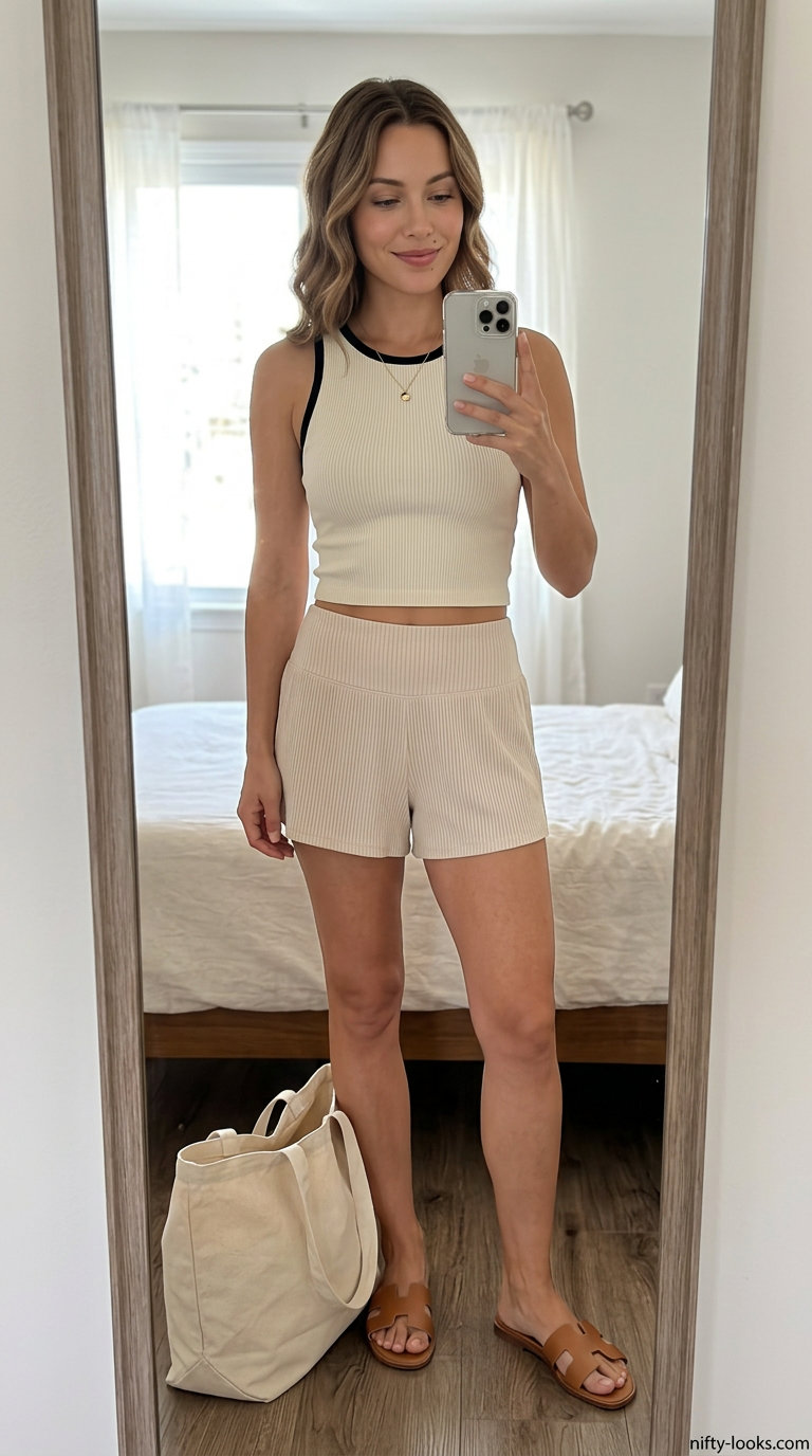 Light beige knit shorts and cream cropped tank for comfortable loungewear. Accessorize with flat slides and canvas tote.