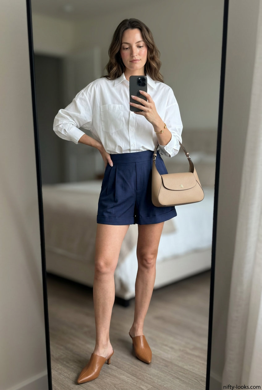 Navy blue tailored shorts with white oversized shirt for smart casual events. Complete with tan mules and shoulder bag.