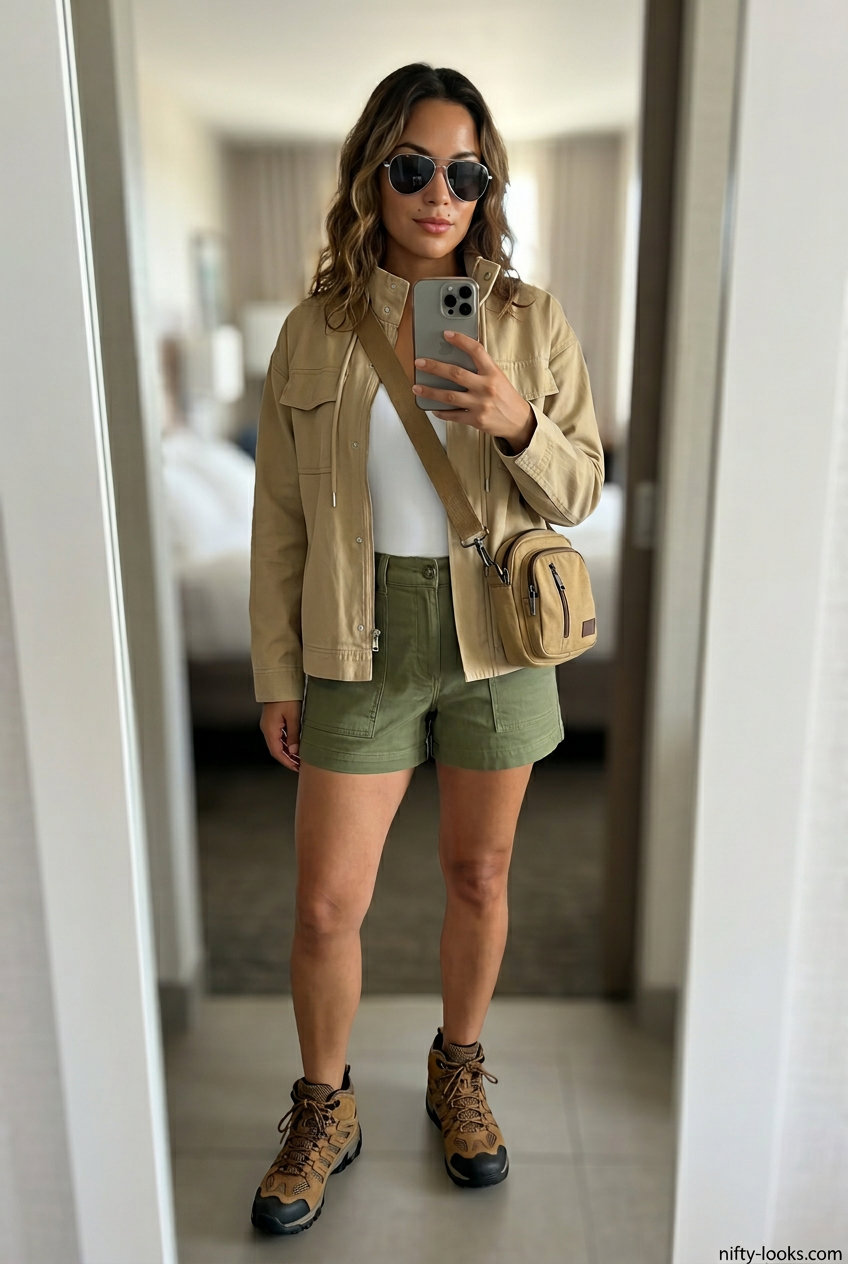Olive green utility shorts with white bodysuit and canvas jacket for outdoor adventures. Style with aviator sunglasses.