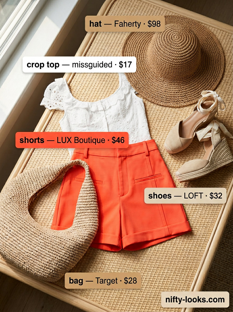 Coral tailored high-waist shorts with eyelet blouse for poolside chic 2026.