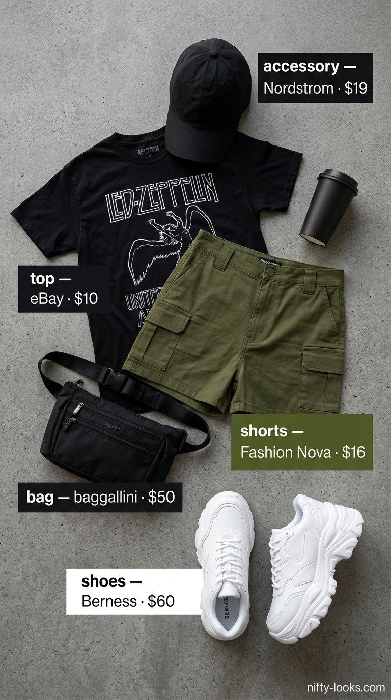 Olive green cargo high-waist shorts with graphic tee for urban exploration 2026.