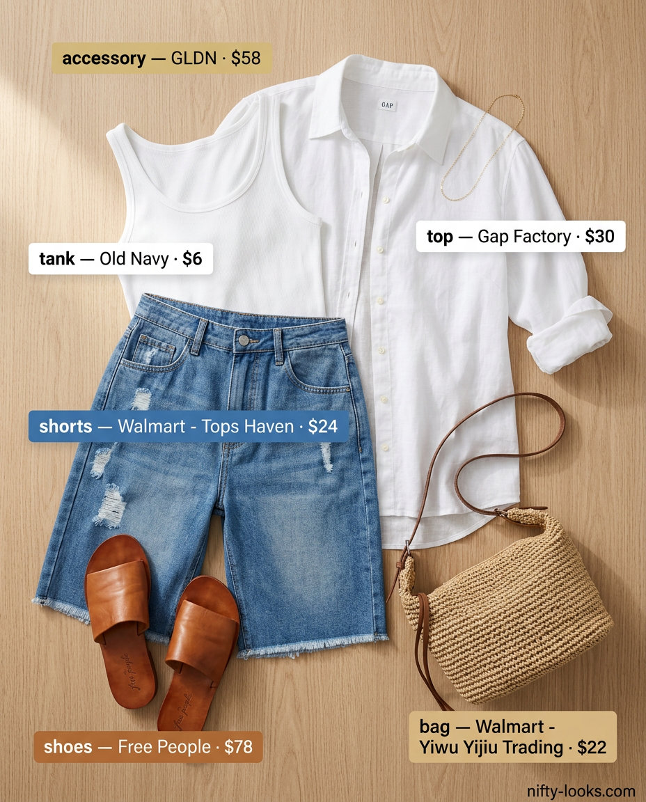 Denim high-waist shorts with an oversized linen shirt for weekend getaway style 2026.