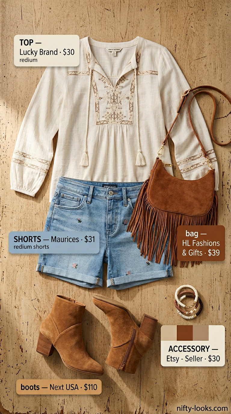 Summer High Waist Shorts Outfits for Women 2026: Embroidered denim shorts with peasant blouse, suede boots, and fringe bag for festival.