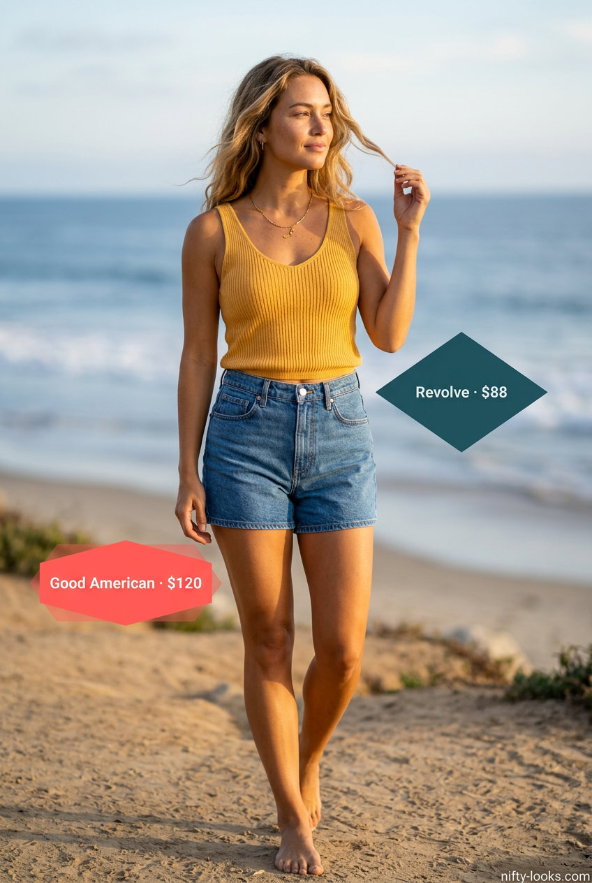 Summer High Waist Shorts Outfits for Women 2026: Coastal denim shorts with oversized linen shirt, straw hat, and slides for beach day.