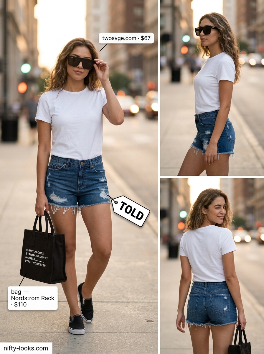 Summer High Waist Shorts Outfits for Women 2026: Distressed denim shorts with graphic tee, slip-ons, and oversized sunglasses for casual errands.