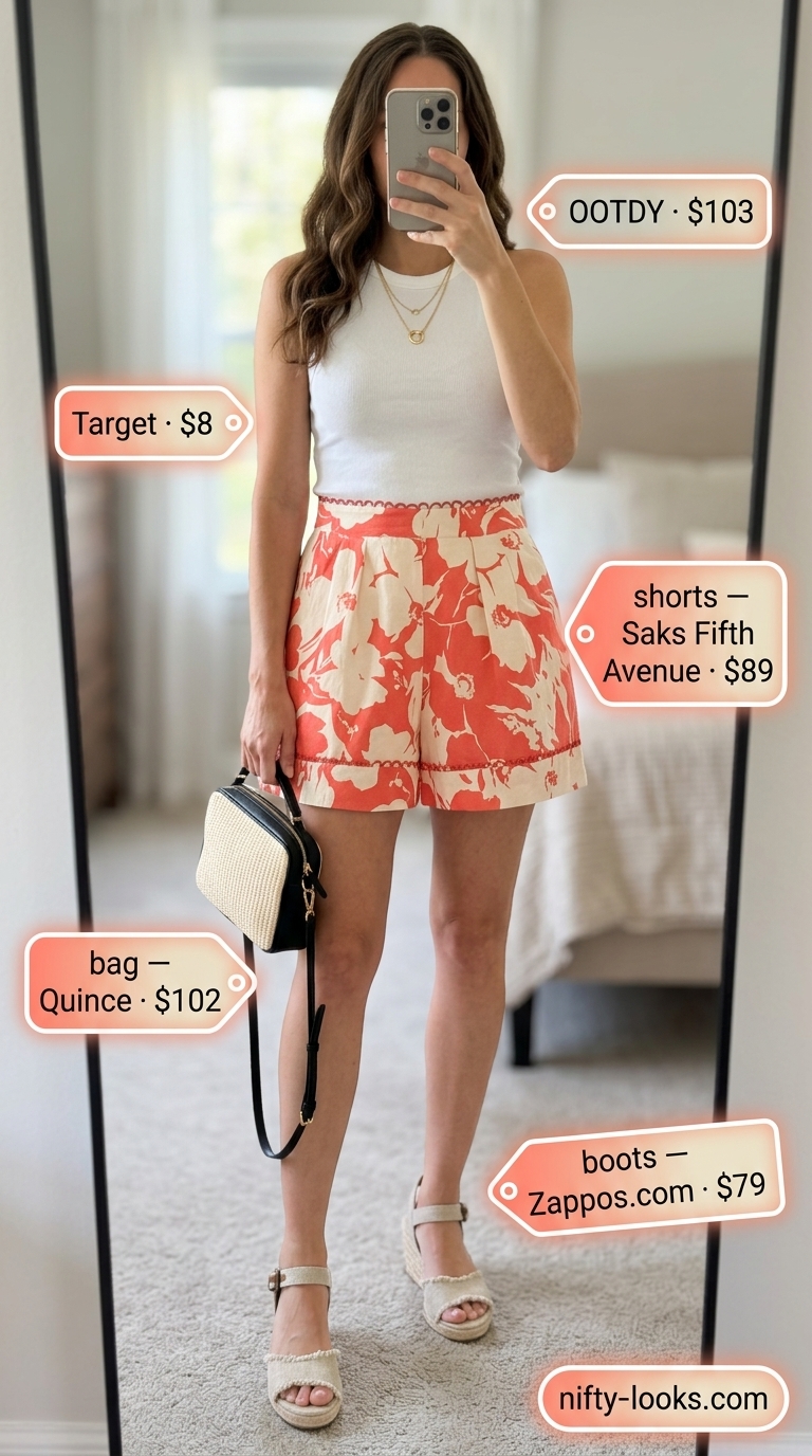 Summer High Waist Shorts Outfits for Women 2026: Floral print shorts with fitted tank, espadrilles, and layered necklaces for vacation.