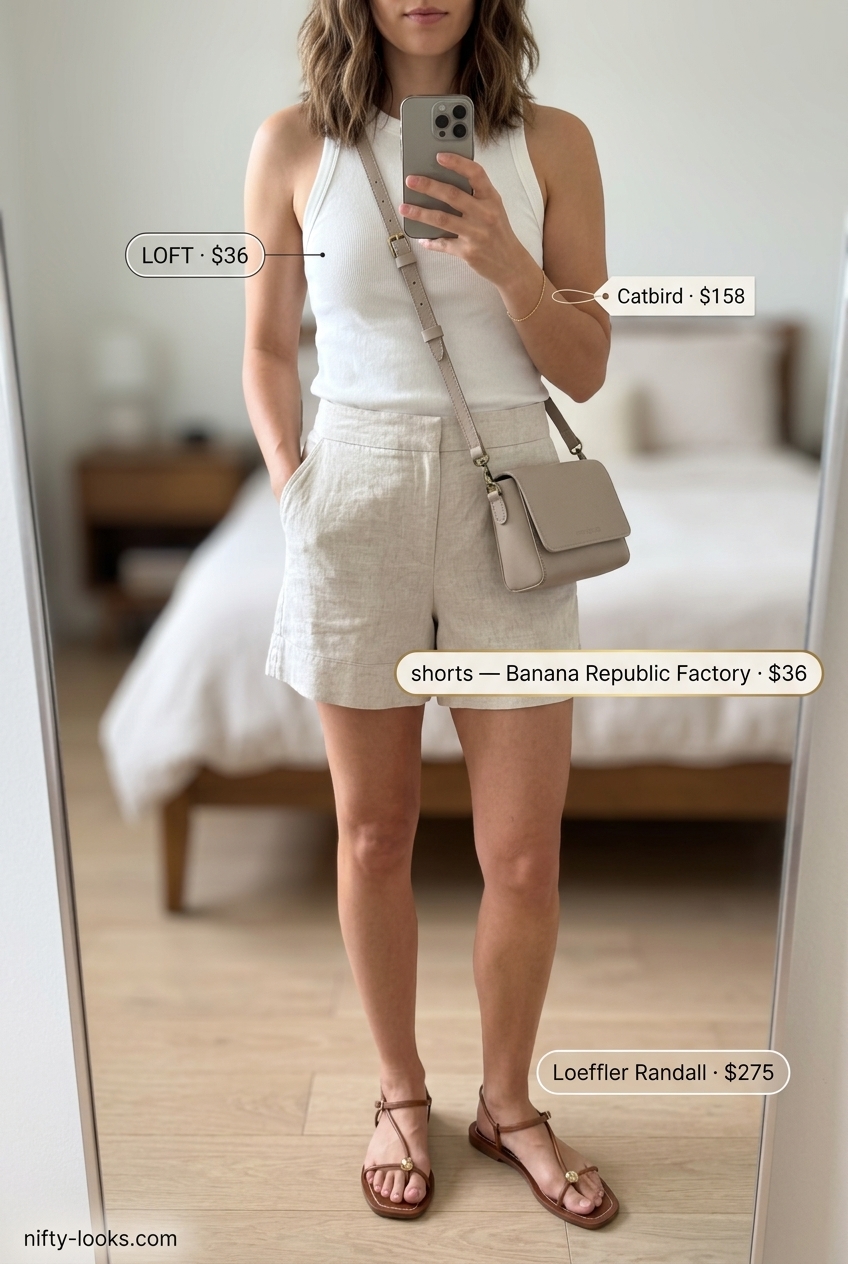 Summer High Waist Shorts Outfits for Women 2026: Beige linen shorts with ribbed tank, leather sandals, and crossbody bag for a minimalist look.