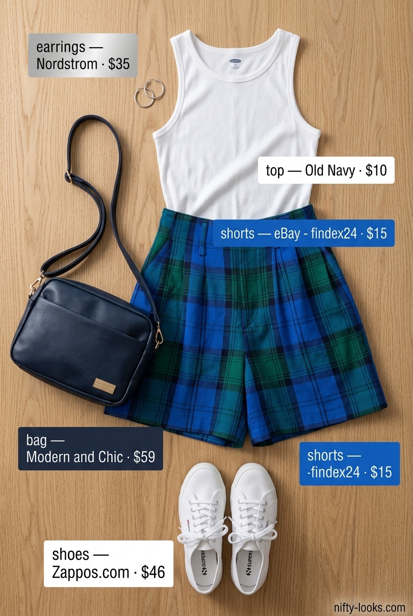 Summer High Waist Shorts Outfits for Women 2026: Plaid shorts with ribbed tank, sneakers, and crossbody bag for a retro sporty look.