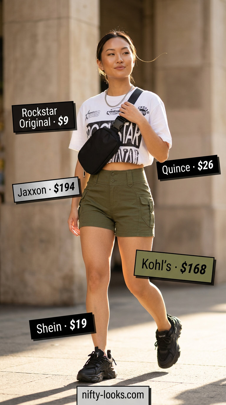 Summer High Waist Shorts Outfits for Women 2026: Khaki cargo shorts with graphic tee, chunky sneakers, and belt bag for city exploration.