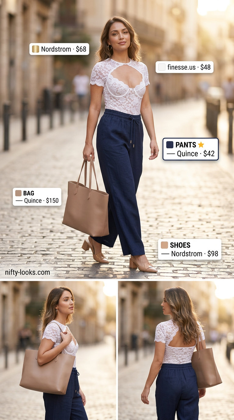 Summer Lace Top Outfits for Women 2026: Chic navy linen trousers with a white lace bodysuit for work or brunch.