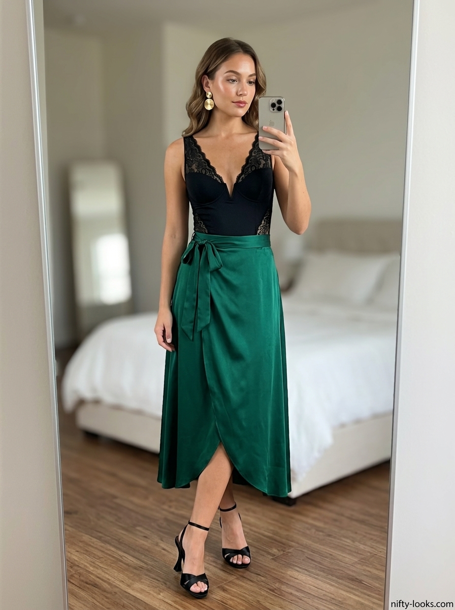 Summer Lace Top Outfits for Women 2026: Black lace bodysuit, emerald green satin skirt, gold earrings.