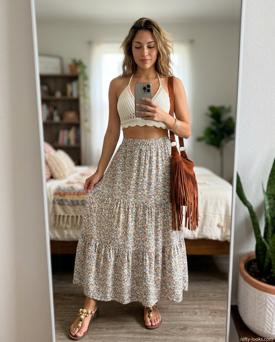 Summer Lace Top Outfits for Women 2026: Boho maxi skirt with a cream crochet lace halter top for festivals.