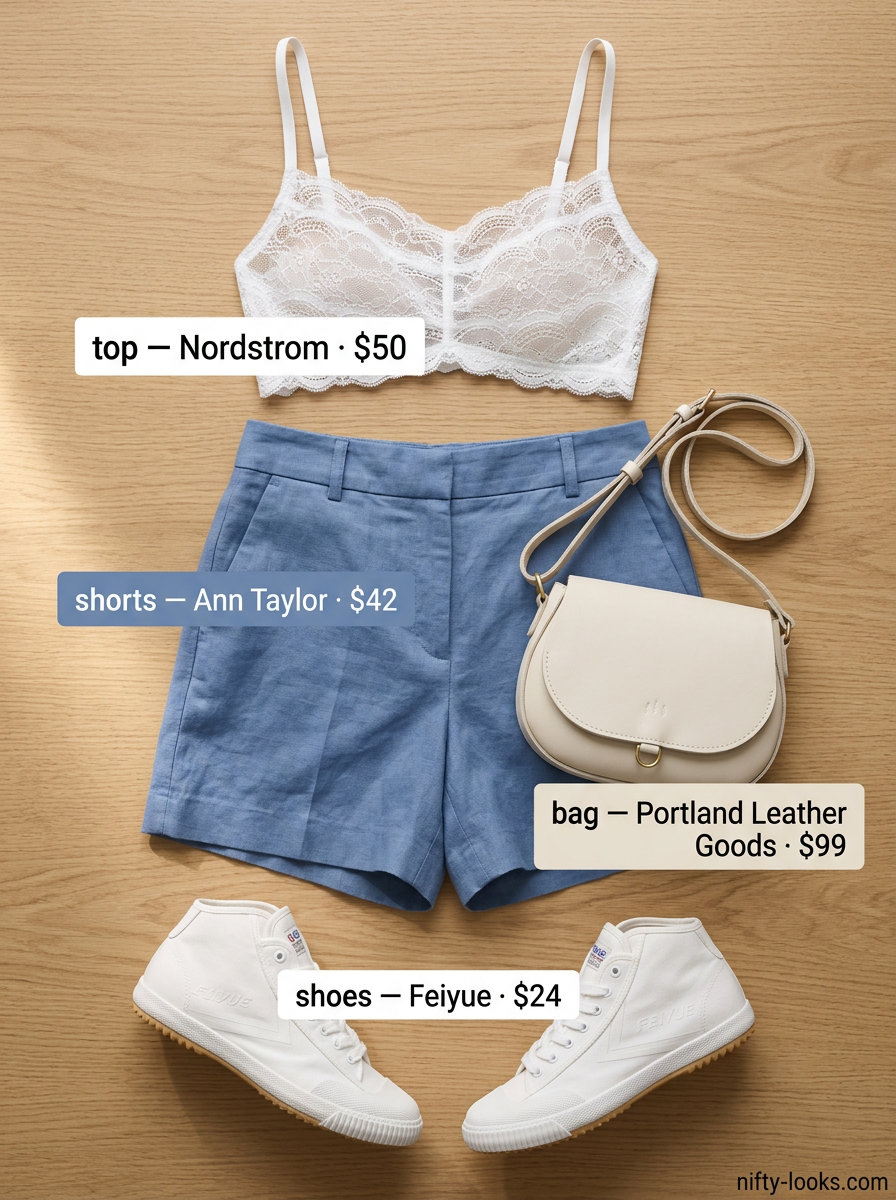 Summer Lace Top Outfits for Women 2026: Chic city exploration outfit with a dusty blue linen short and ivory lace bralette.