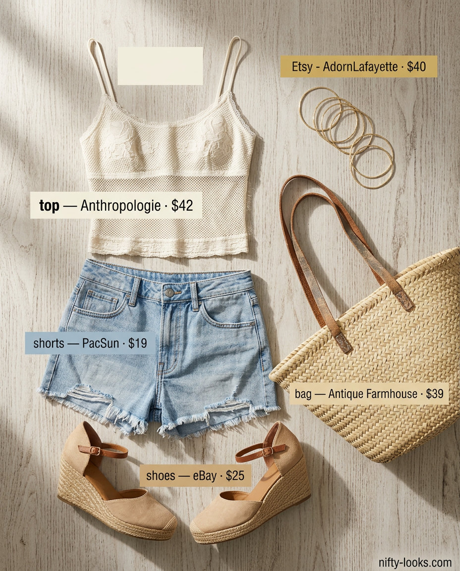 Summer Lace Top Outfits for Women 2026: Ivory crochet lace tank, denim shorts, espadrilles, straw tote.