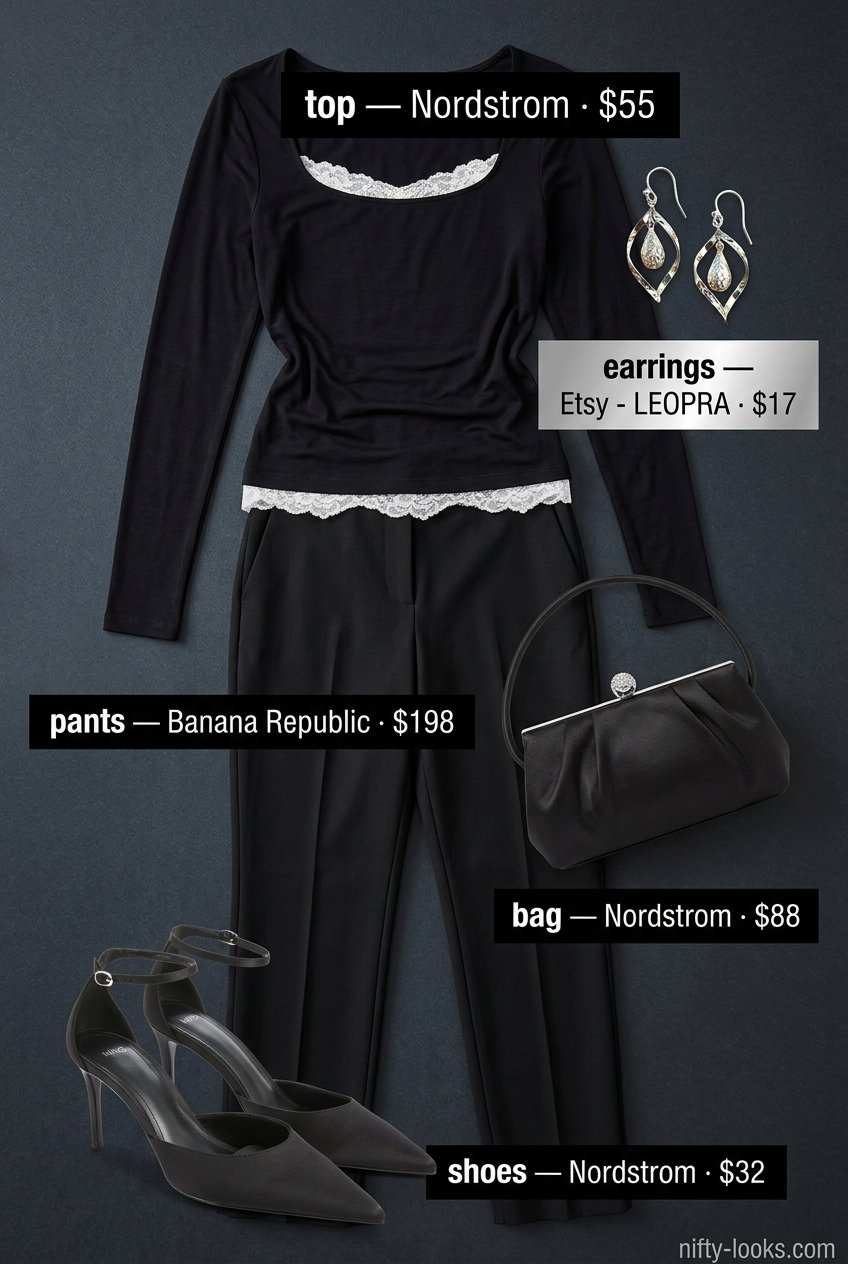 Summer lace top outfits for women 2026: Sheer black lace top with tailored trousers, stiletto heels, and clutch for date night.