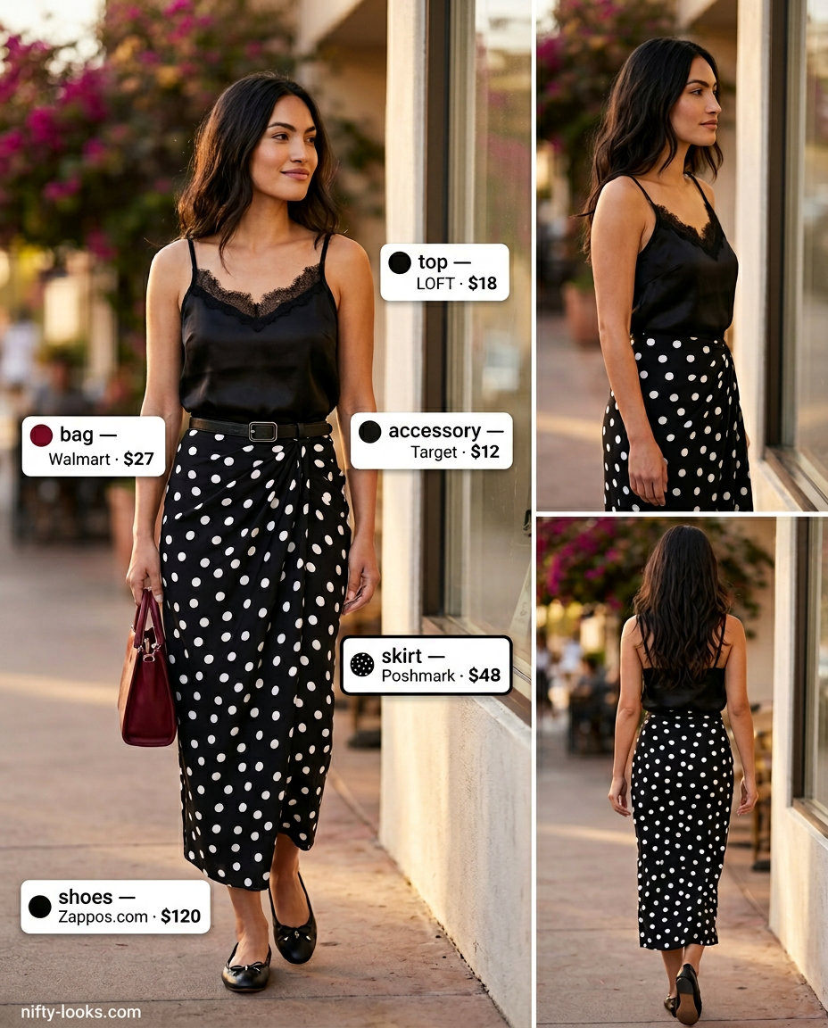 Summer lace top outfits for women 2026: Polka dot wrap skirt with lace camisole, ballet flats, and crossbody bag for daytime.