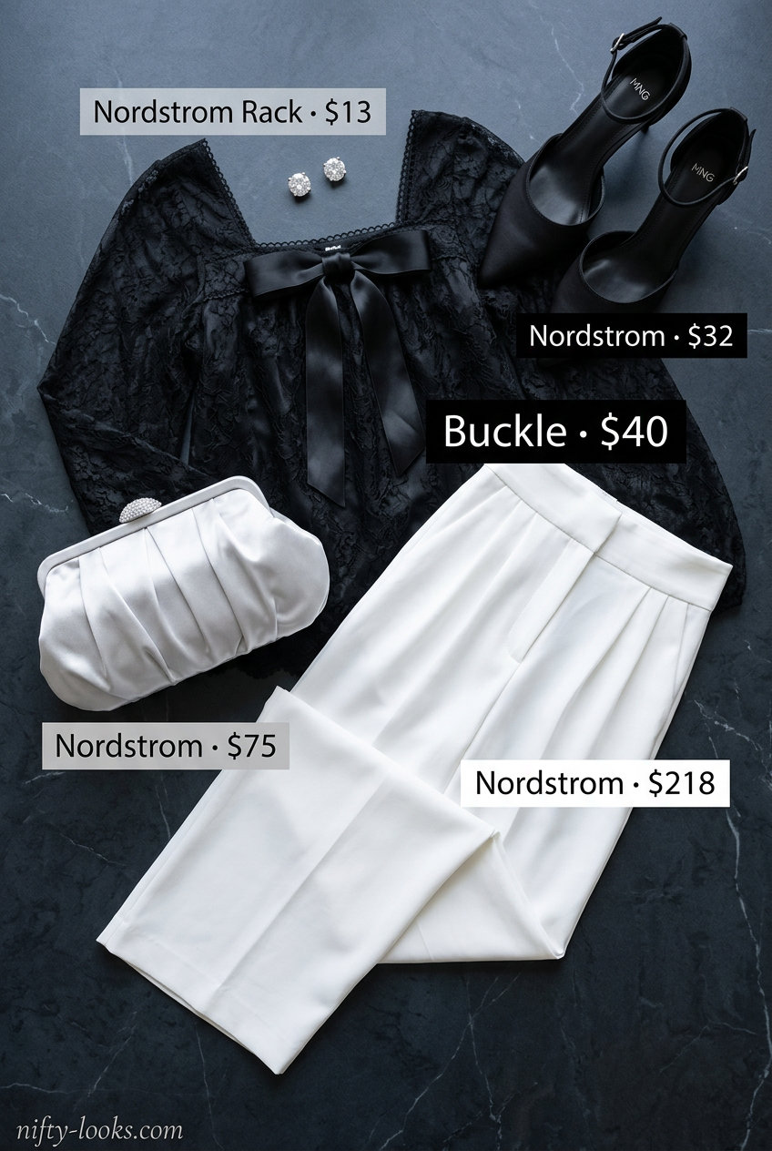 Summer Lace Top Outfits for Women 2026: Elegant black lace blouse with white trousers for cocktail parties.