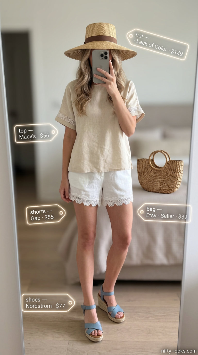 Summer lace top outfits for women 2026: Cream linen shirt with lace trim, linen shorts, espadrilles, and straw hat for vacation.