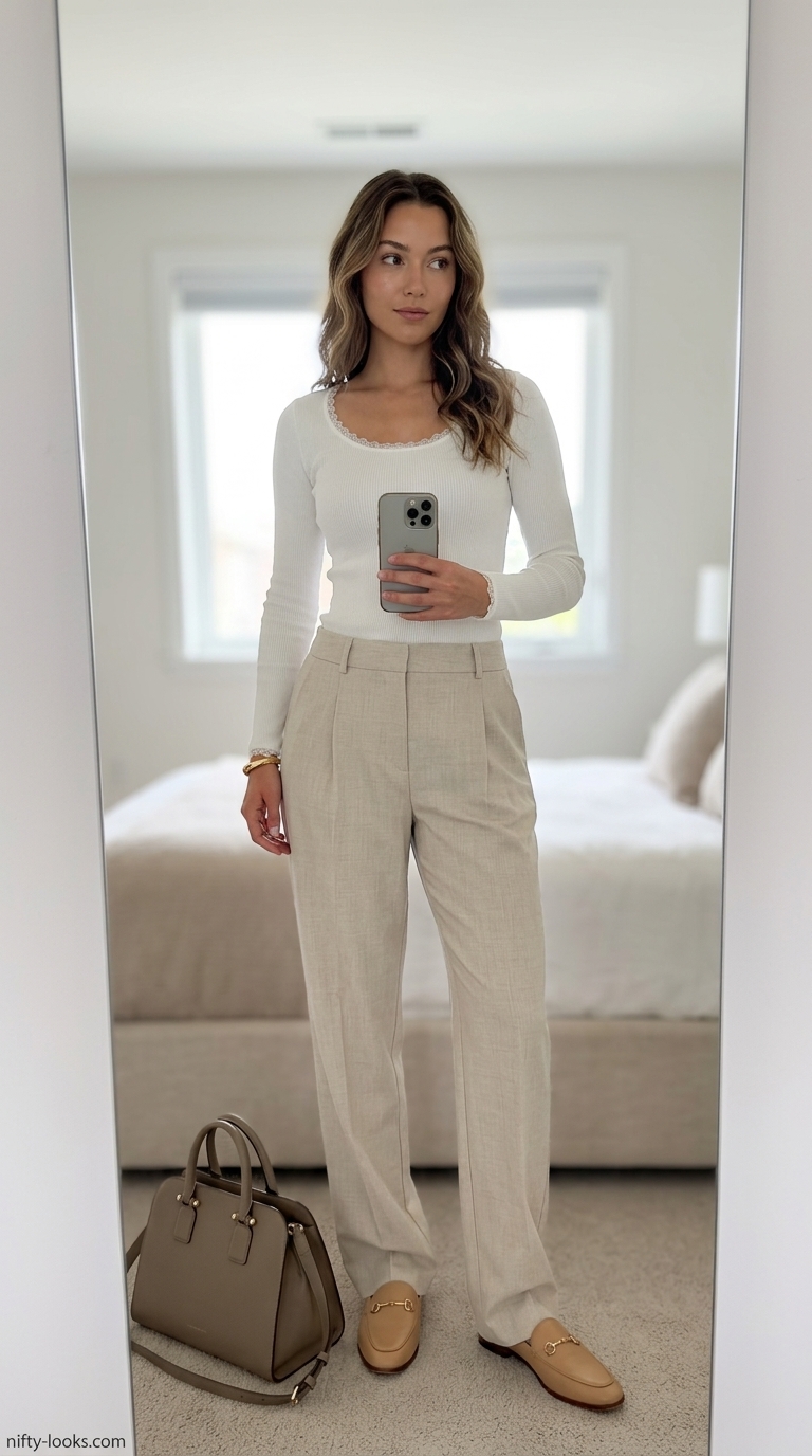 Summer Lace Top Outfits for Women 2026: Cream lace knit top, beige trousers, leather loafers, shoulder bag.