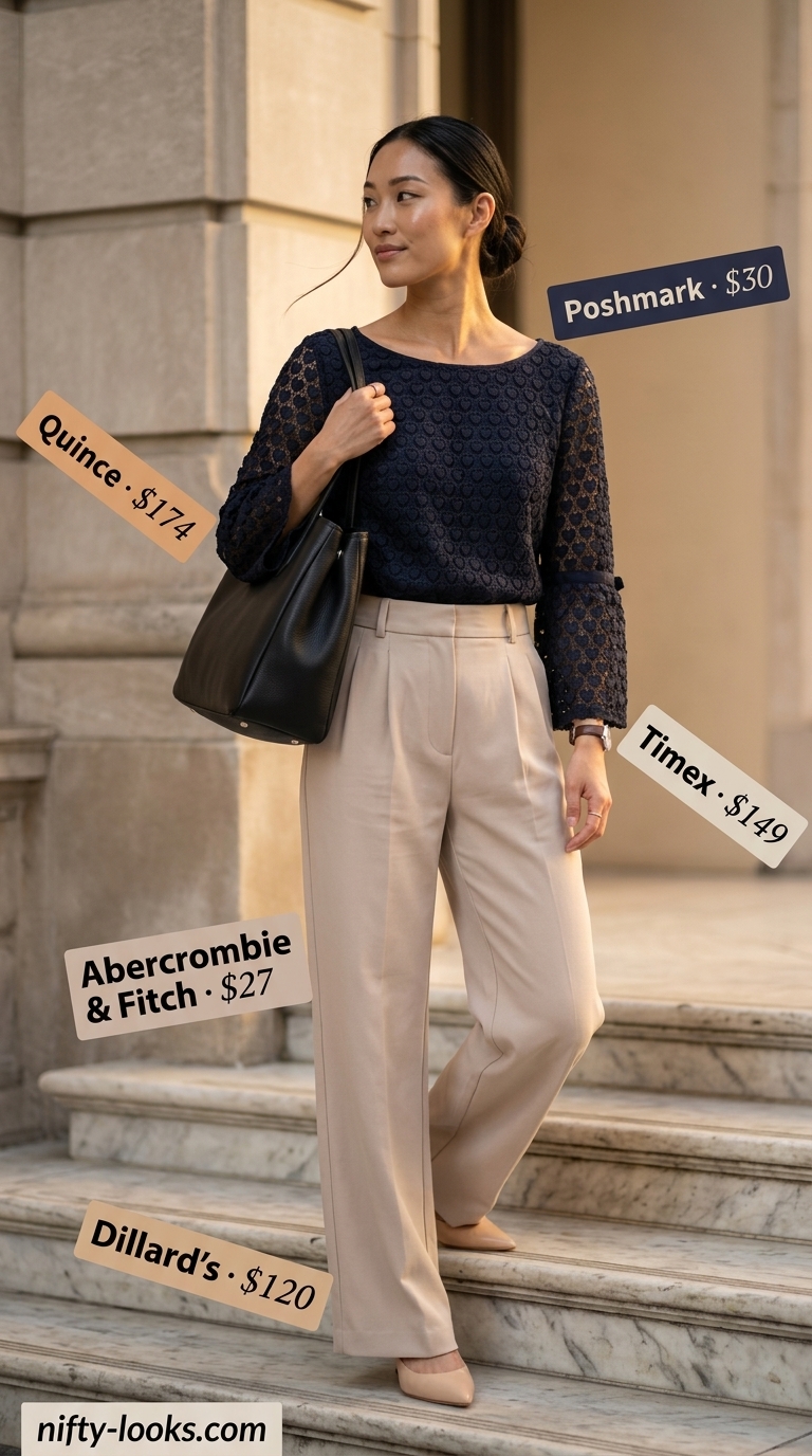 Summer lace top outfits for women 2026: Navy lace V-neck top with tailored trousers, pumps, and structured tote for work.