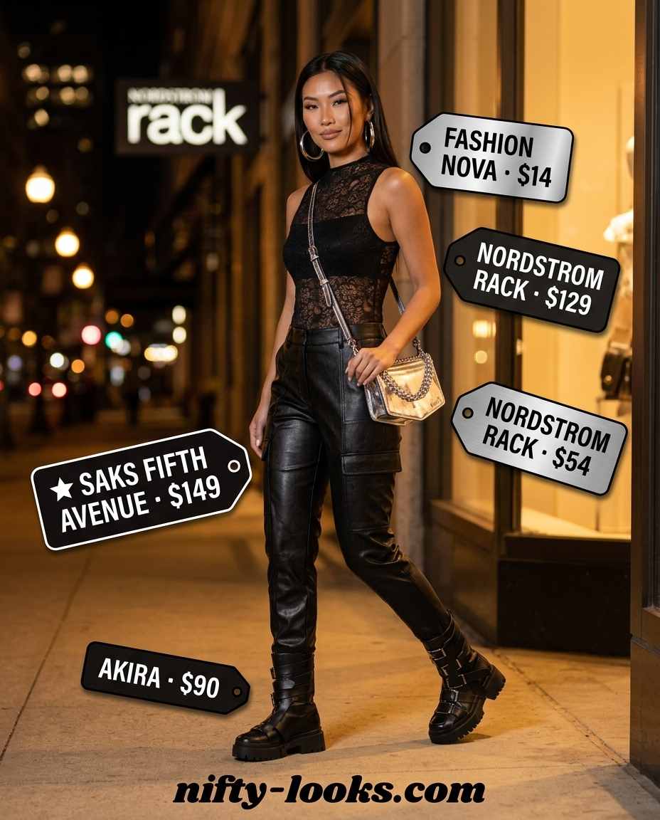 Summer lace top outfits for women 2026: Black lace bodysuit with faux leather cargo pants, combat boots, and silver hoops.