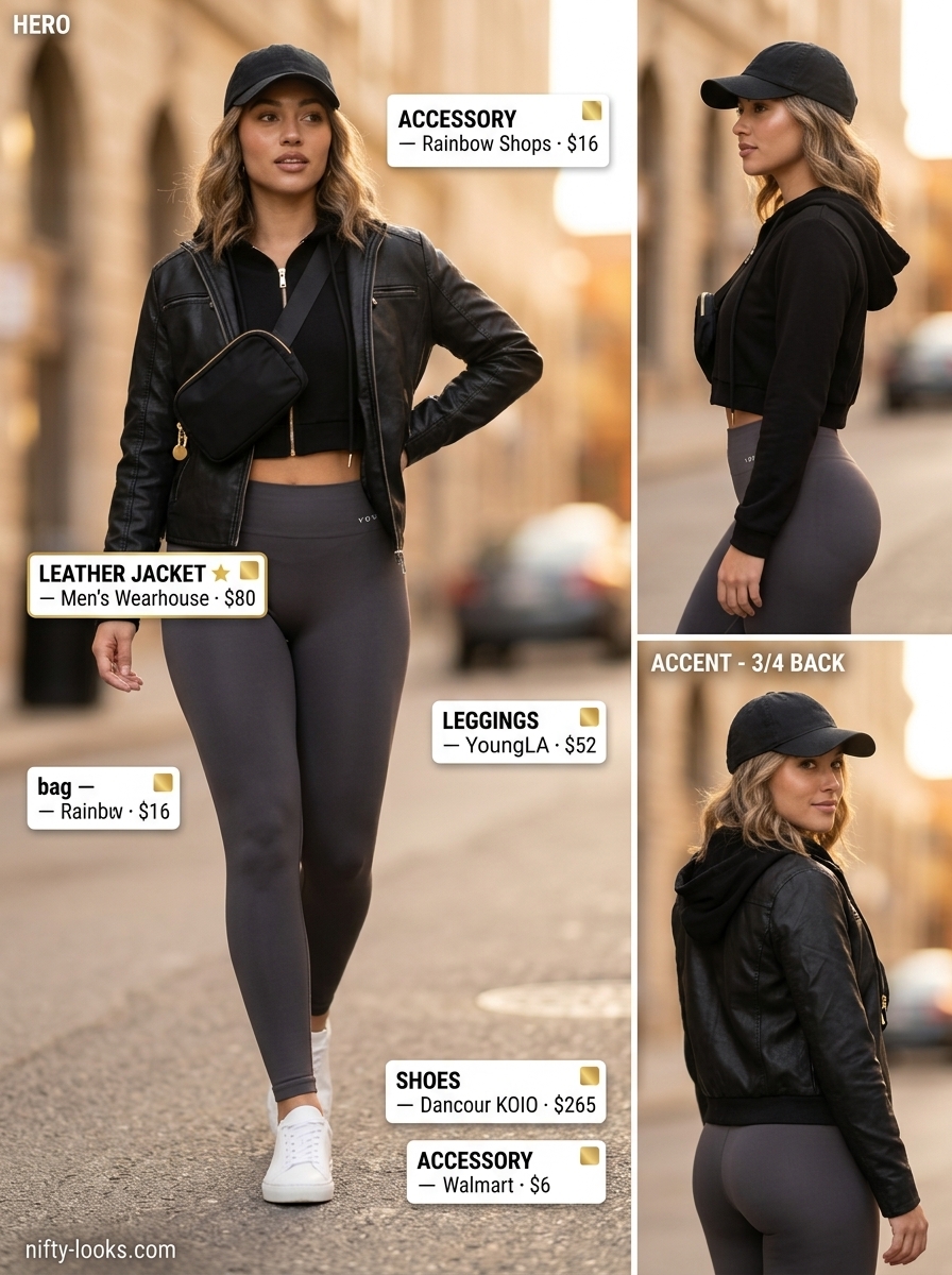 Summer leather jacket outfits for women 2026: Charcoal grey leggings, white sneakers, and black hoodie with a leather jacket.