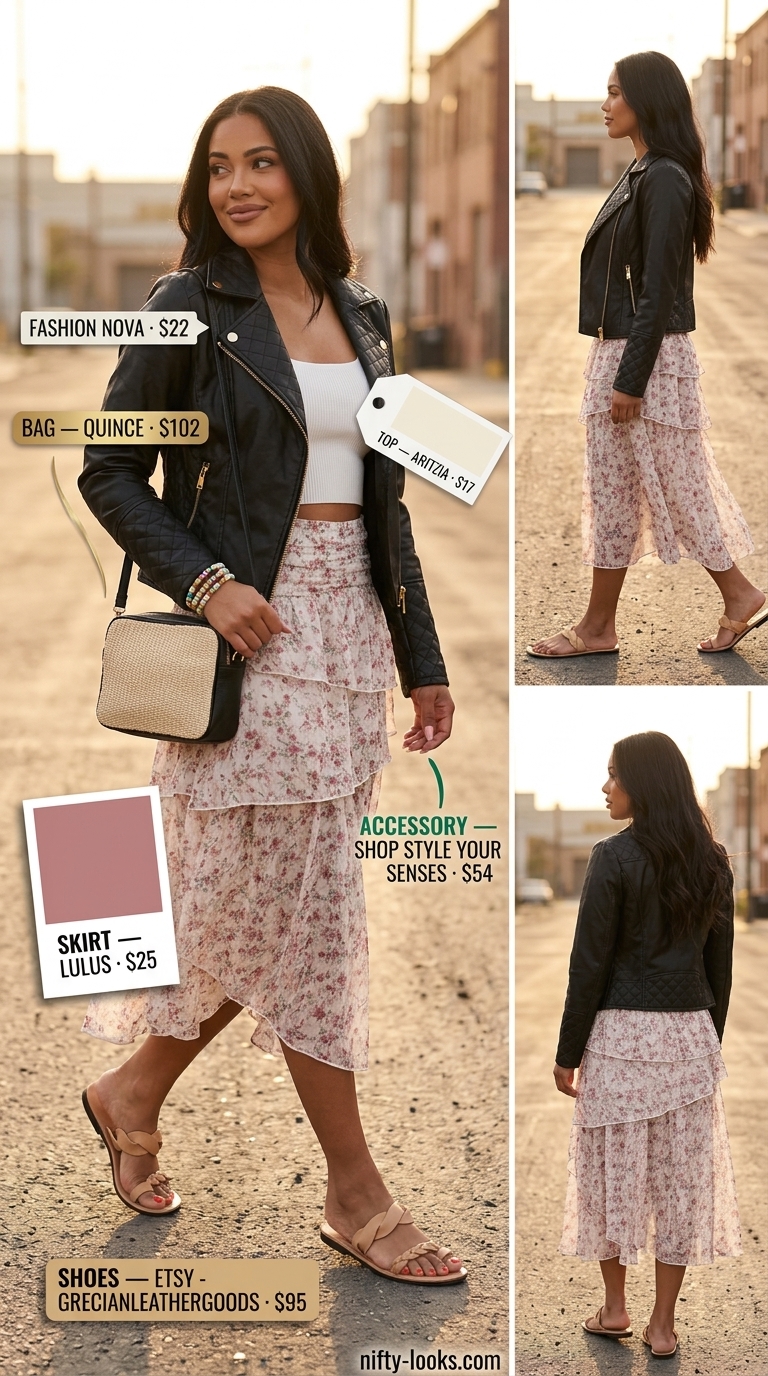 Summer leather jacket outfits for women 2026: Floral midi skirt, white crop top, and leather jacket for a boho festival vibe.