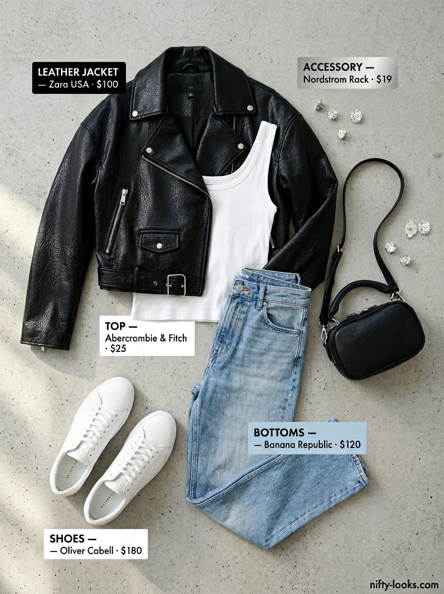 Summer leather jacket outfits for women 2026: Black faux leather jacket over white tank and light blue jeans for a casual evening.