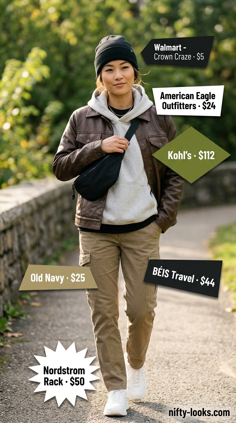 Summer leather jacket outfits for women 2026: Brown trucker jacket with cargo pants and sneakers for casual errands.