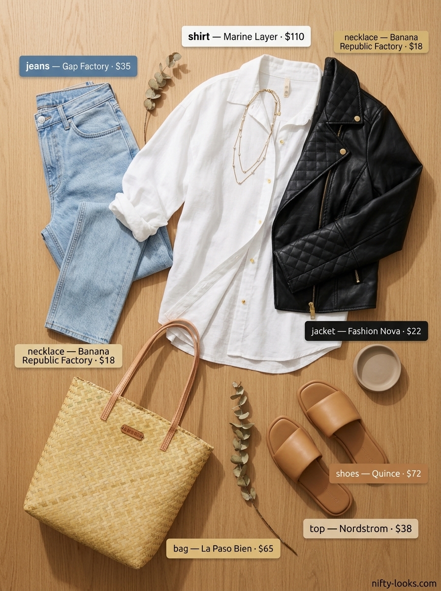 Summer leather jacket outfits for women 2026: Linen shirt with jeans and slides for a coastal vibe.
