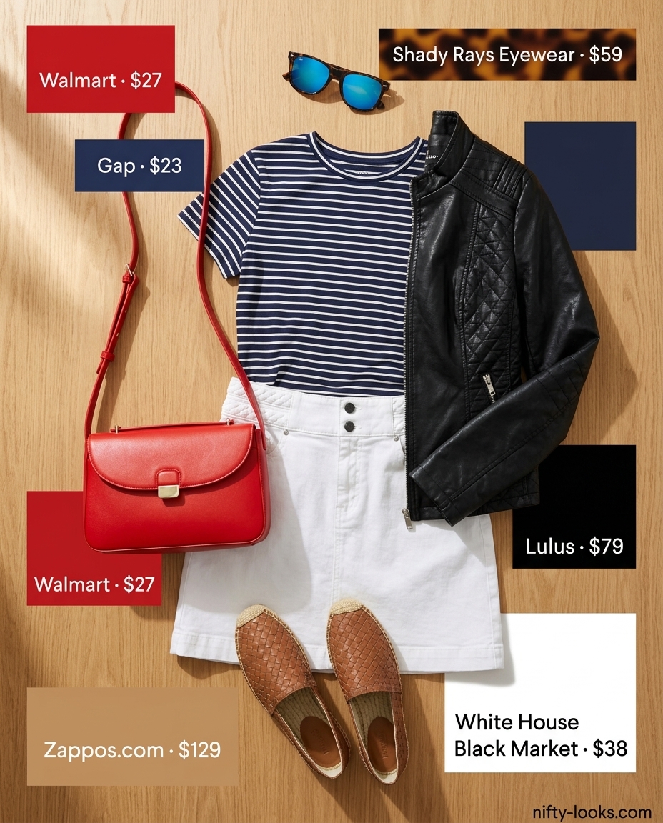 Summer leather jacket outfits for women 2026: White denim mini skirt with striped top for a daytime date.