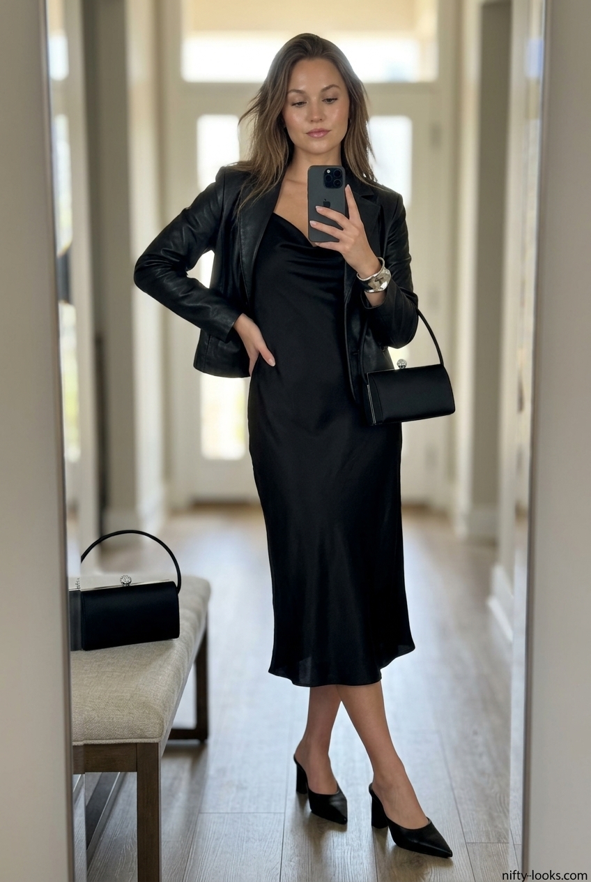 Summer leather jacket outfits for women 2026: Chic black leather jacket with ivory slip dress for evening events.