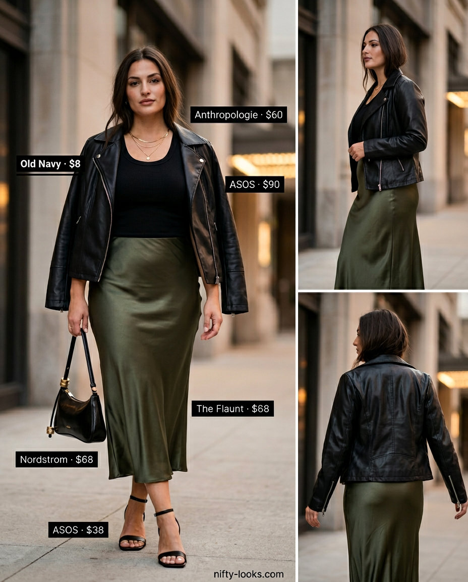 Summer leather jacket outfits for women 2026: Olive green satin skirt, black knit top, and black sandals. Add a leather jacket for cool evenings.