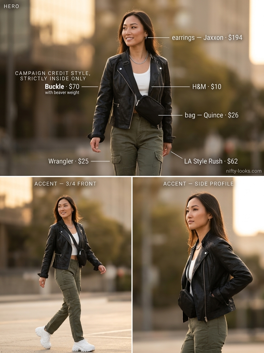 Summer leather jacket outfits for women 2026: Olive cargo pants, white crop top, and leather jacket for casual weekend style.