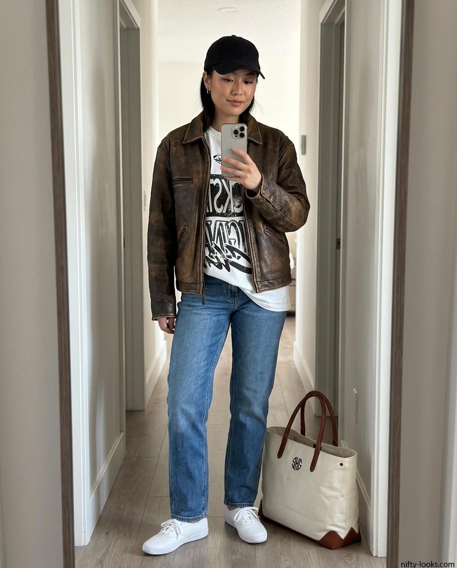 Summer leather jacket outfits for women 2026: Brown leather jacket with graphic tee, boyfriend jeans for a road trip.